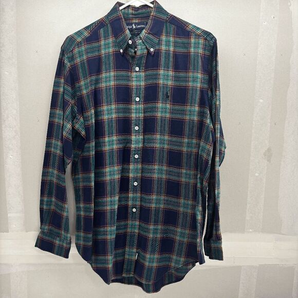 Vintage Polo Ralph Lauren Blue Green Pink Plaid Flannel Button Down Mens M 15.5 - Picture 1 of 6